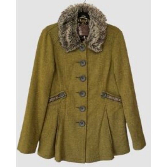Free People Pea Coat Wool Silk Faux Fur Collar Women's Sz 10 Green Tweed Ribbon - Picture 1 of 16
